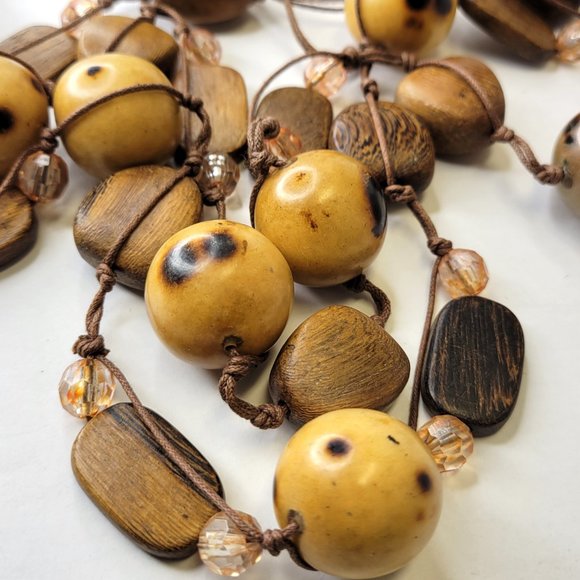 Large Wood Inspired Earthtone Beaded Long Statement Necklace - Picture 3 of 10